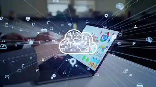 Laptop with digital cloud and data streams, representing custom enterprise software development. Laptop with digital cloud and data streams, representing custom enterprise software development.